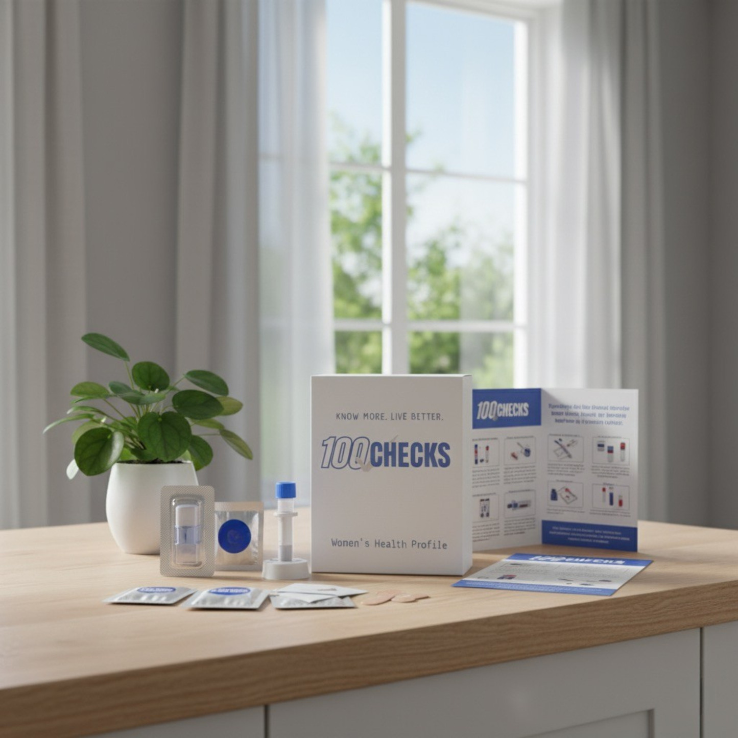 At-home Health test kit on a table with a window in the background