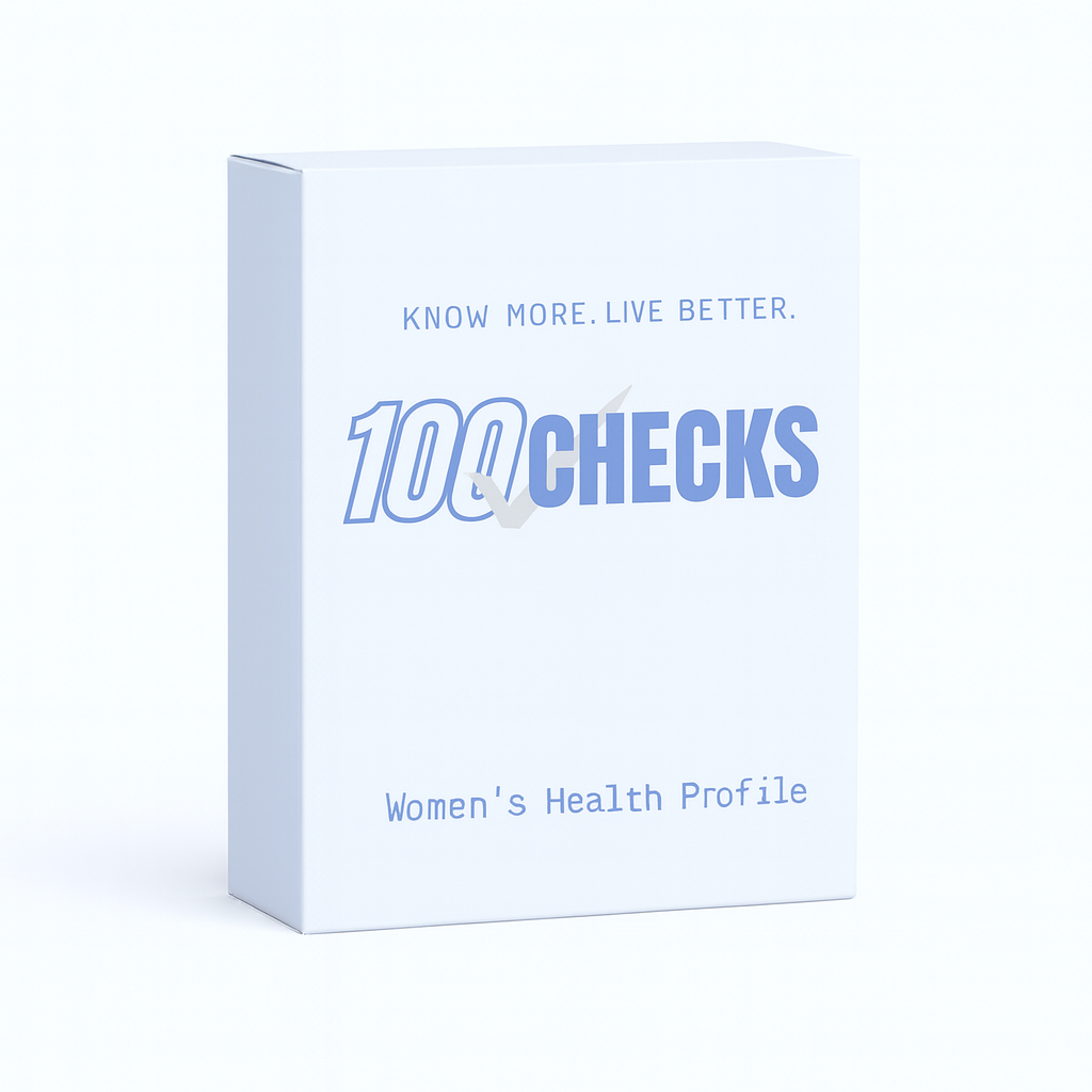 Box labeled '100Checks Women's Health Profile' on a white background