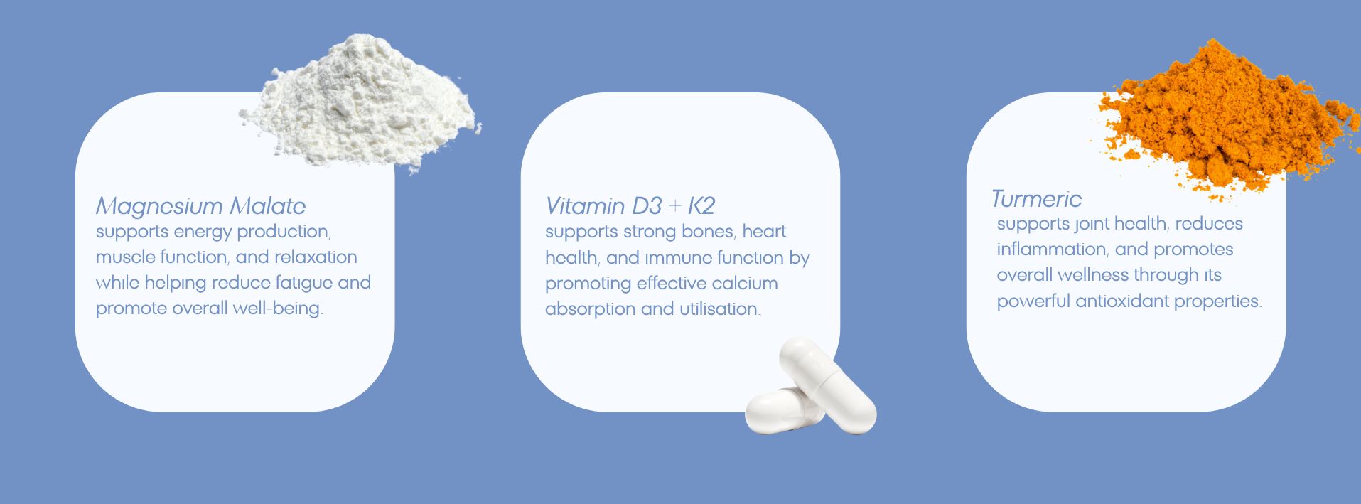 Three white rectangular panels with text and images of magnesium malate, vitamin D3 and K2 capsules, and turmeric on a blue background.