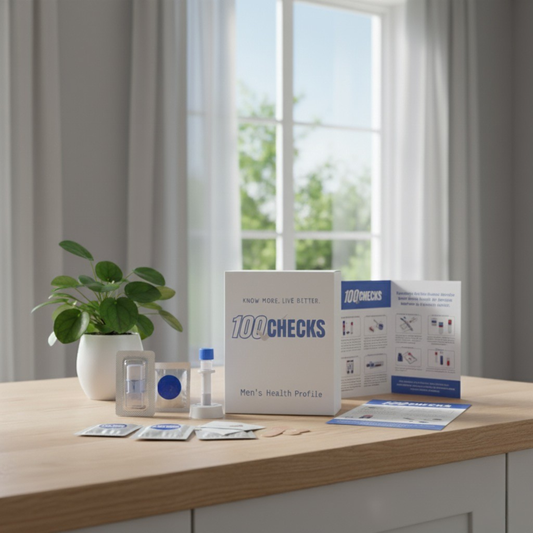 At-home Health test sat on a table with '100Checks' branding in a bright room.