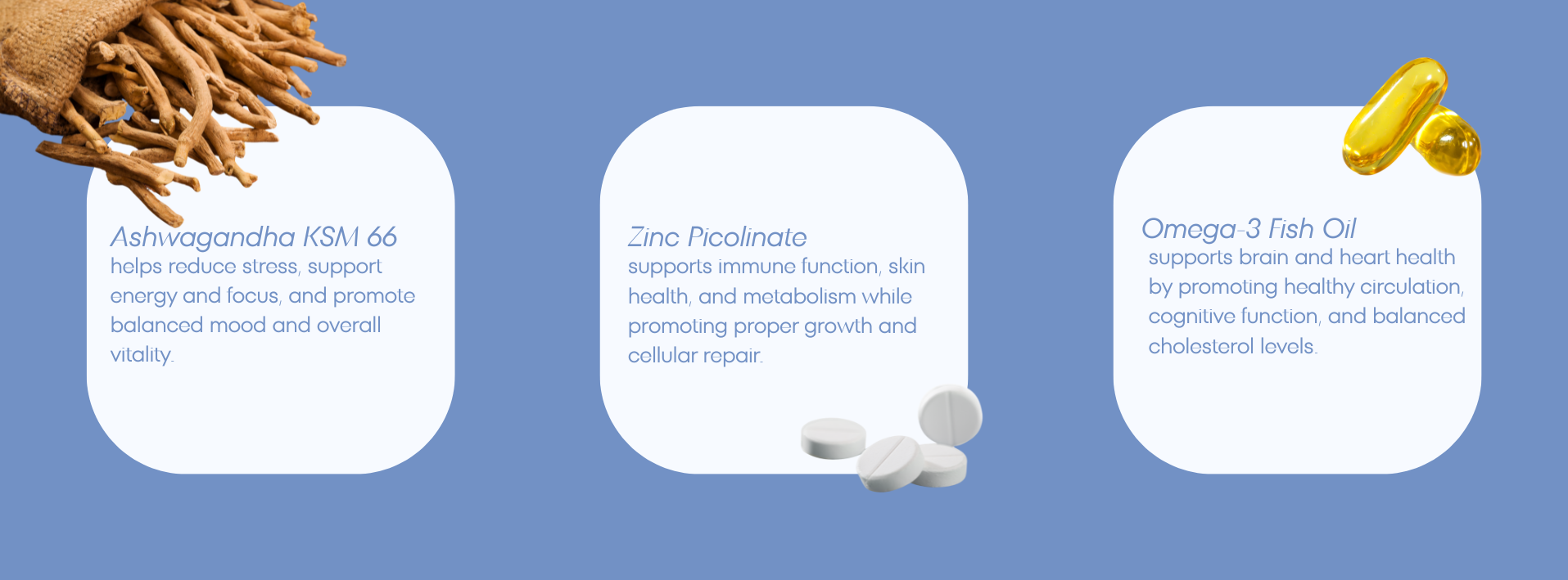 Three sections detailing health benefits of Ashwagandha, Zinc Picolinate, and Omega 3 Fish Oil on a blue background.