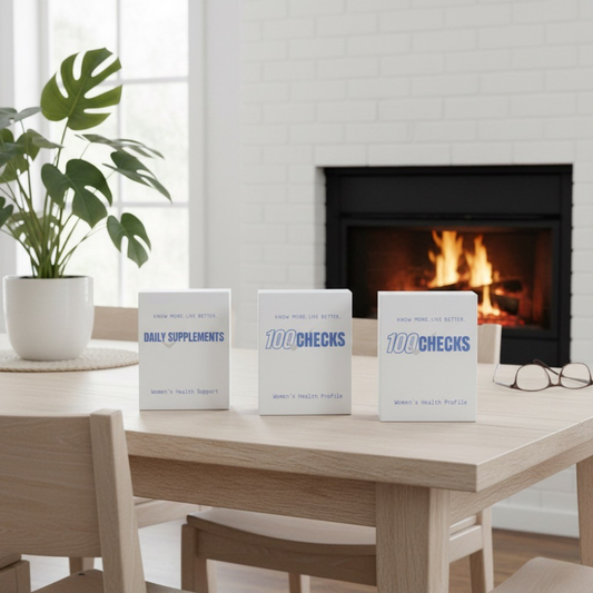 Women’s Full Health Package blood test kit from 100 Checks UK — at-home comprehensive women’s health test and supplements.